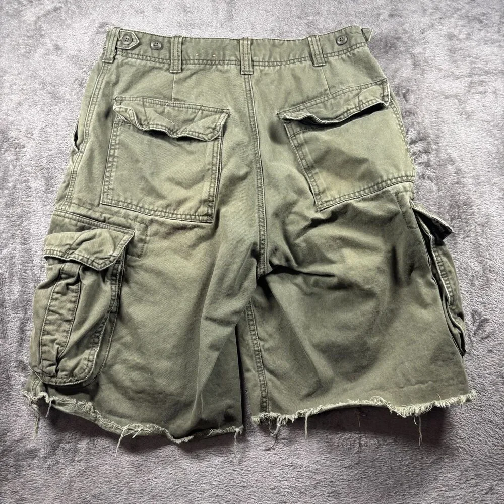 American Eagle Men Vintage Y2K Cargo Shorts Raw Frayed Hem Baggy Green 30 G294